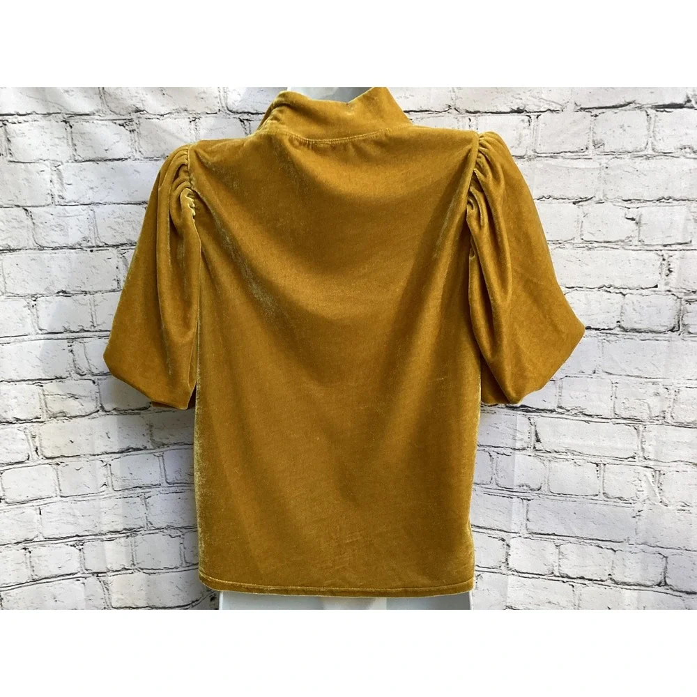 Free People Mustard Yellow Velvet Mock Neck Puff Sleeve Top Small